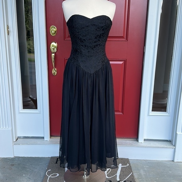 Vintage Lace Chiffon Black Strapless Dress Sz7-8 - Picture 8 of 13